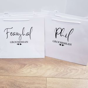 Personalised White Gift Bag with Black Text & Bow Tie Design – Luxury Laminated Wedding Gift Bag