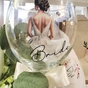 Large balloon gin glass with bride image and the word bride written in black