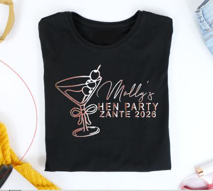 Ladies black t-shirt with a martini glass and olives image with the wording Molly's Hen Party Zante 2026