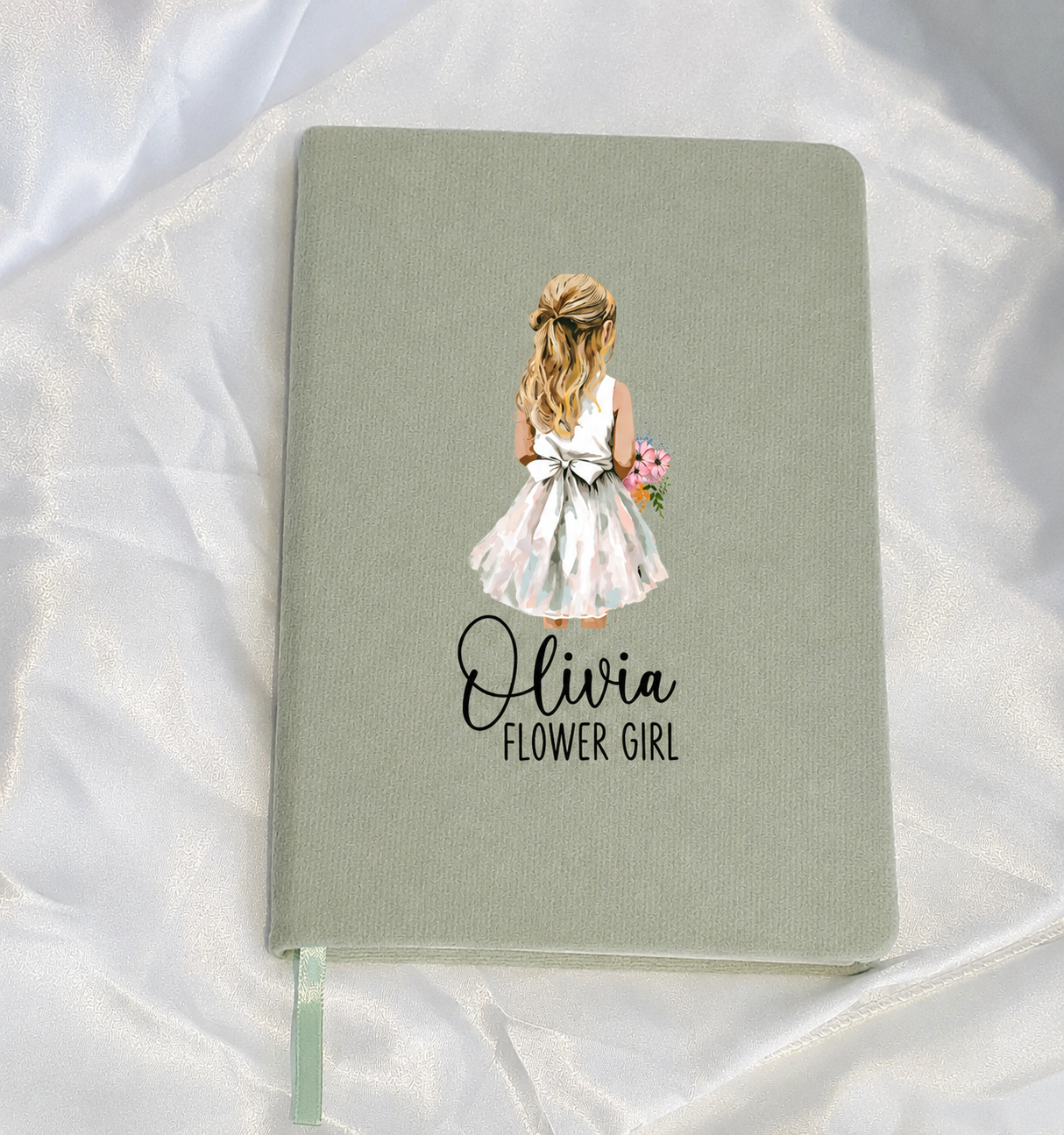 personalised flower girl notebook in sage green