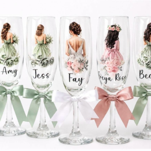 Bridal flute glasses with image of bridesmaids and personalised