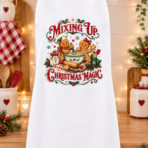 white christmas apron with festive print of gingerbread men
